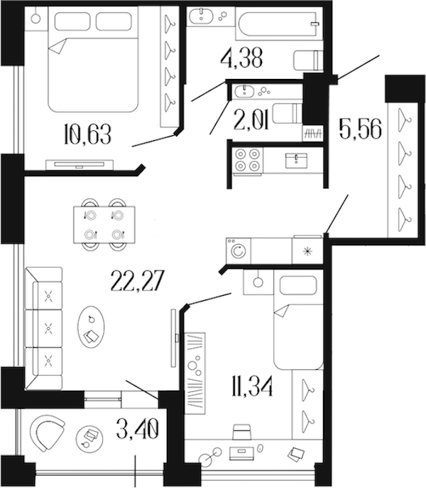 2-комнатная квартира 58.89 м², 2/12 эт., ЖК «Коллекционный дом 1919»